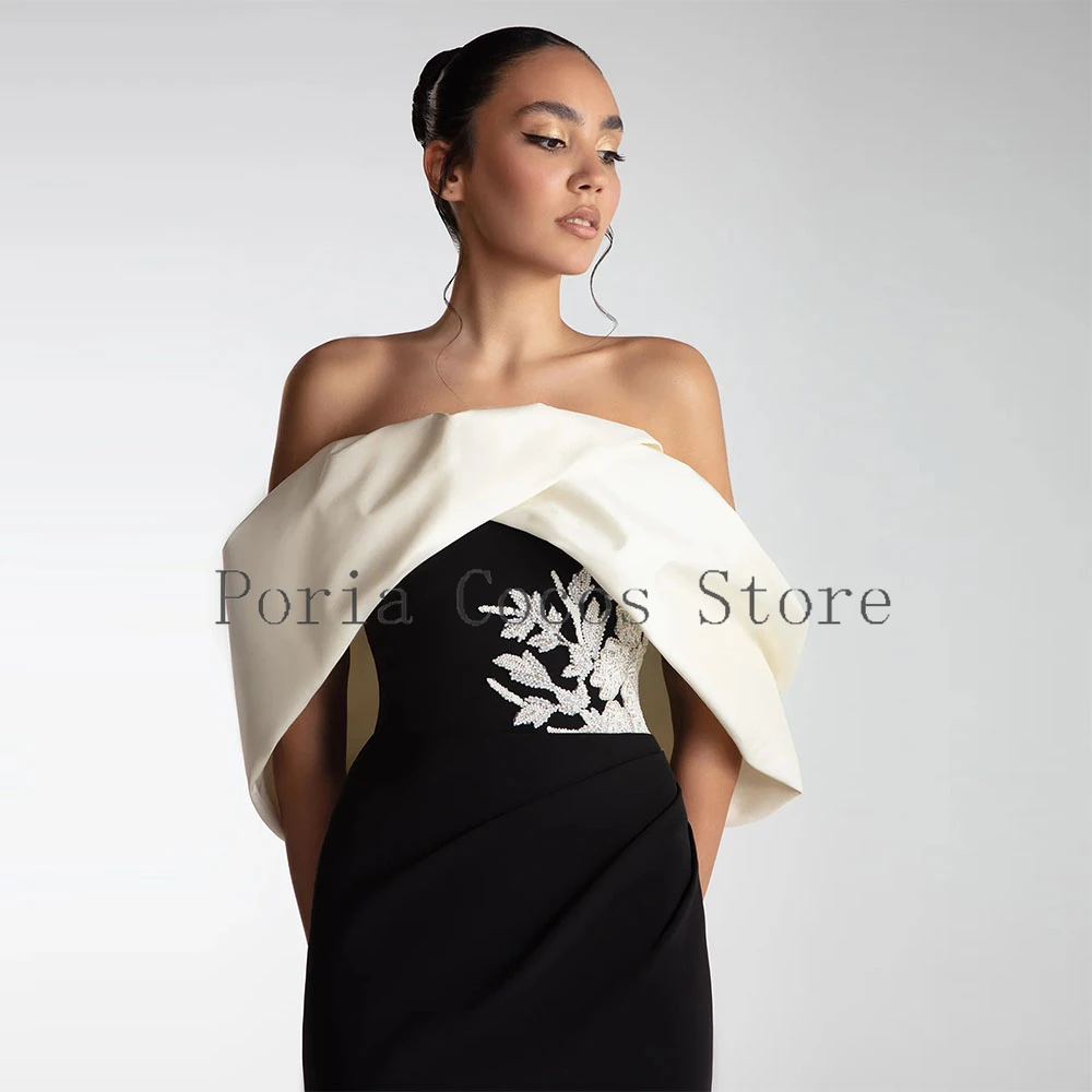 فستان سعودي أسود مخصص جيرسي قبالة الكتف البوق بلا أكمام طول الأرض فساتين السهرة يزين فستان الحفلات #3