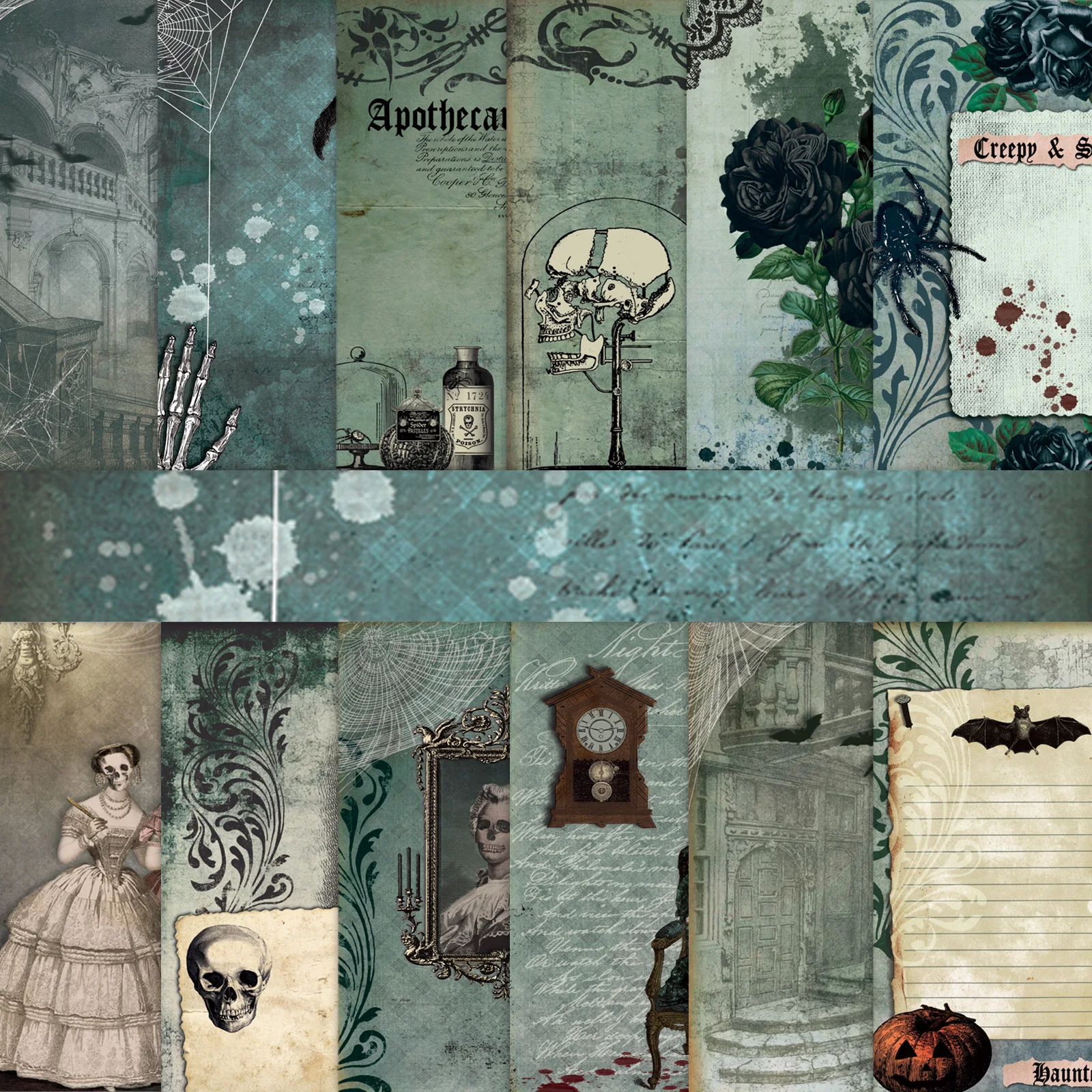 12 Blatt Halloween Vintage Dark Series Scrapbooking-Papier für Junk Journal Fotoalbum Kartenherstellung DIY Schreibwaren