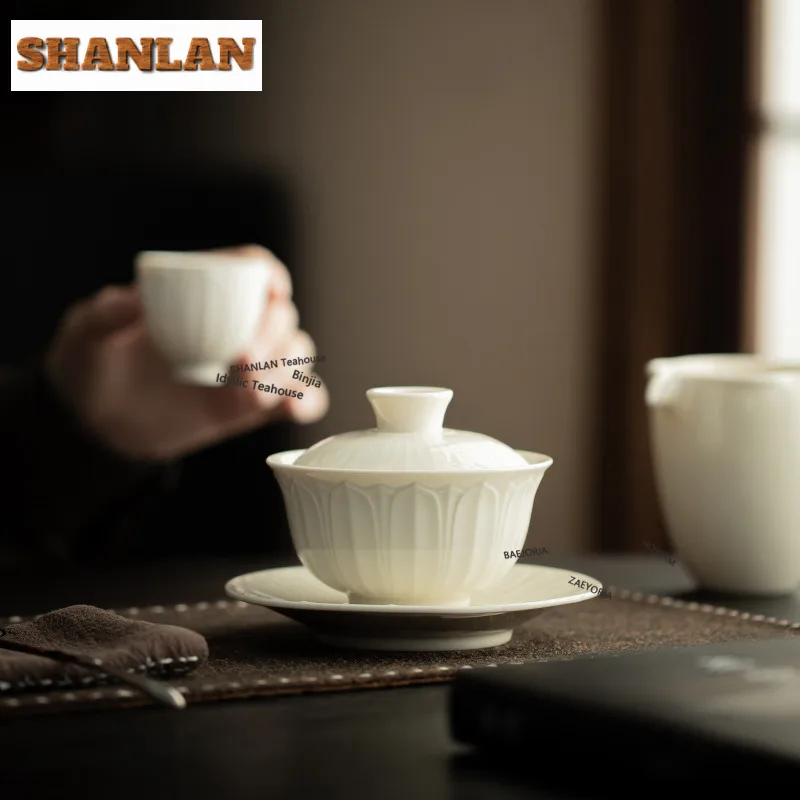 Ding Kiln White Gaiwan Retro Cup Saucer Tea Tureen Household Tea Bowl With Lid Kit Tea Maker Cover Bowl Tea Items Gifts Craft