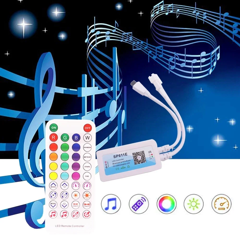 SP611E Smart RGB Controller Bluetooth music App IR38 Key Remote control For WS2811/2812B Addressable Led RGB Tape Strip DC5V-24V