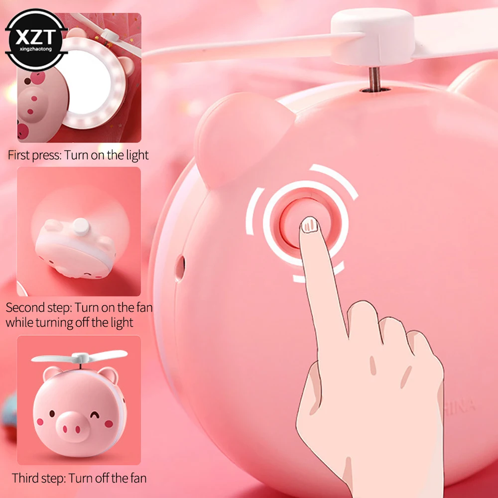 Handheld Portable USB Charging Illuminated Vanity Mirror With Fan Creative Piggy Beauty Makeup Mirror