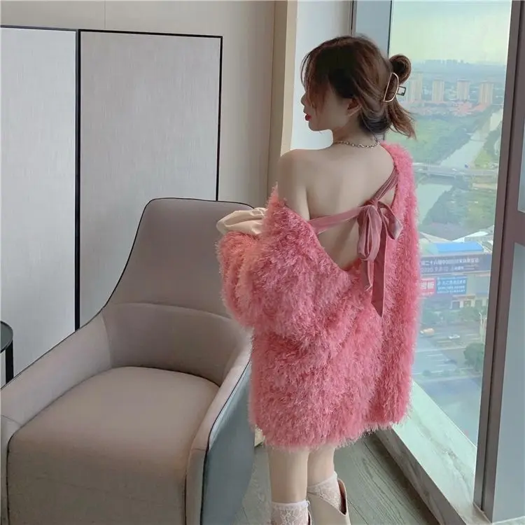 Autumn/Winter Furry Sweater Pink Woman Sweet Fashion Sexy Backless Hollow Long-Sleeved Open Back Sweater Bow Tie Sweater Warm