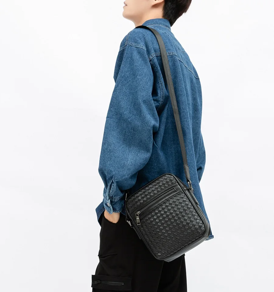 Woven Man Sling Bag Fashion Men Shoulder Bags Retro Male Messenger Bag Leather Men Crossbody Bags