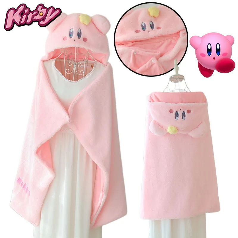 Kawaii Kirby Plush Shawl for Women Office Sleep Blanket Cartoon Portable Warm Quilt Cute Dormitory Capes with Hats Girls Gifts