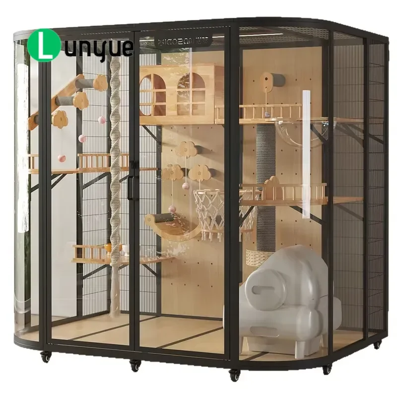 Black Eco-Friendly Waterproof Modern Square Panoramic Cat Villa with Universal Wheels DIY Pegboard Modular Enclosure Built-in