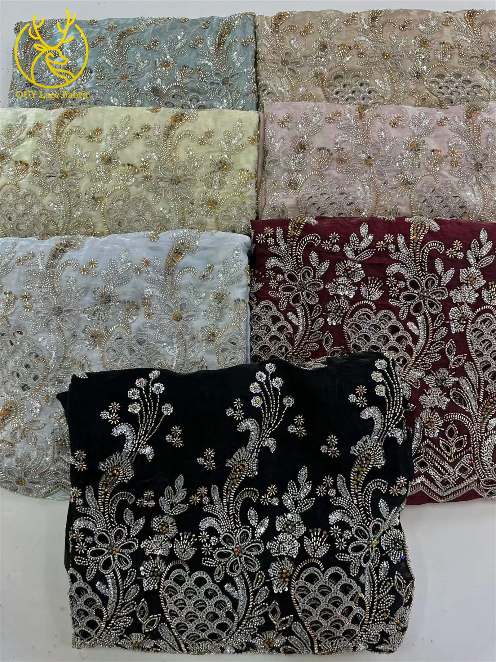 Neueste Afrikanische Schwer Verzierte Spitzenstoffe 5 Yards Nigerianische Schweizer Perlen-Pailletten-Spitze für Bräutigam-Kleider und Damenkleider zum Nähen – Detail 15