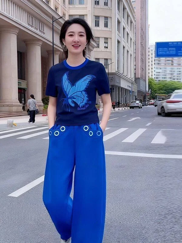 

Salt Series Casual Sports Set Women's Summer New Fashion Anti-aging Print Short Sleeve Top Wide Leg Pants Two-piece...