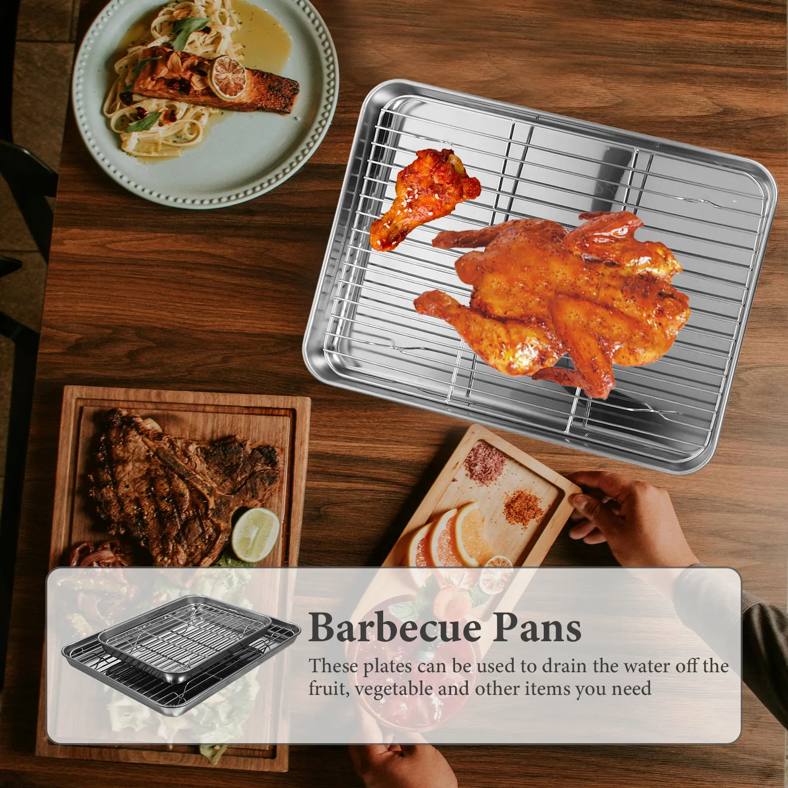 

2 шт. сливные формы из нержавеющей стали, квадратные сковороды для фруктов и овощей, многофункциональные кухонные принадлежности для хранения, нержавеющая выпечка, барбекю