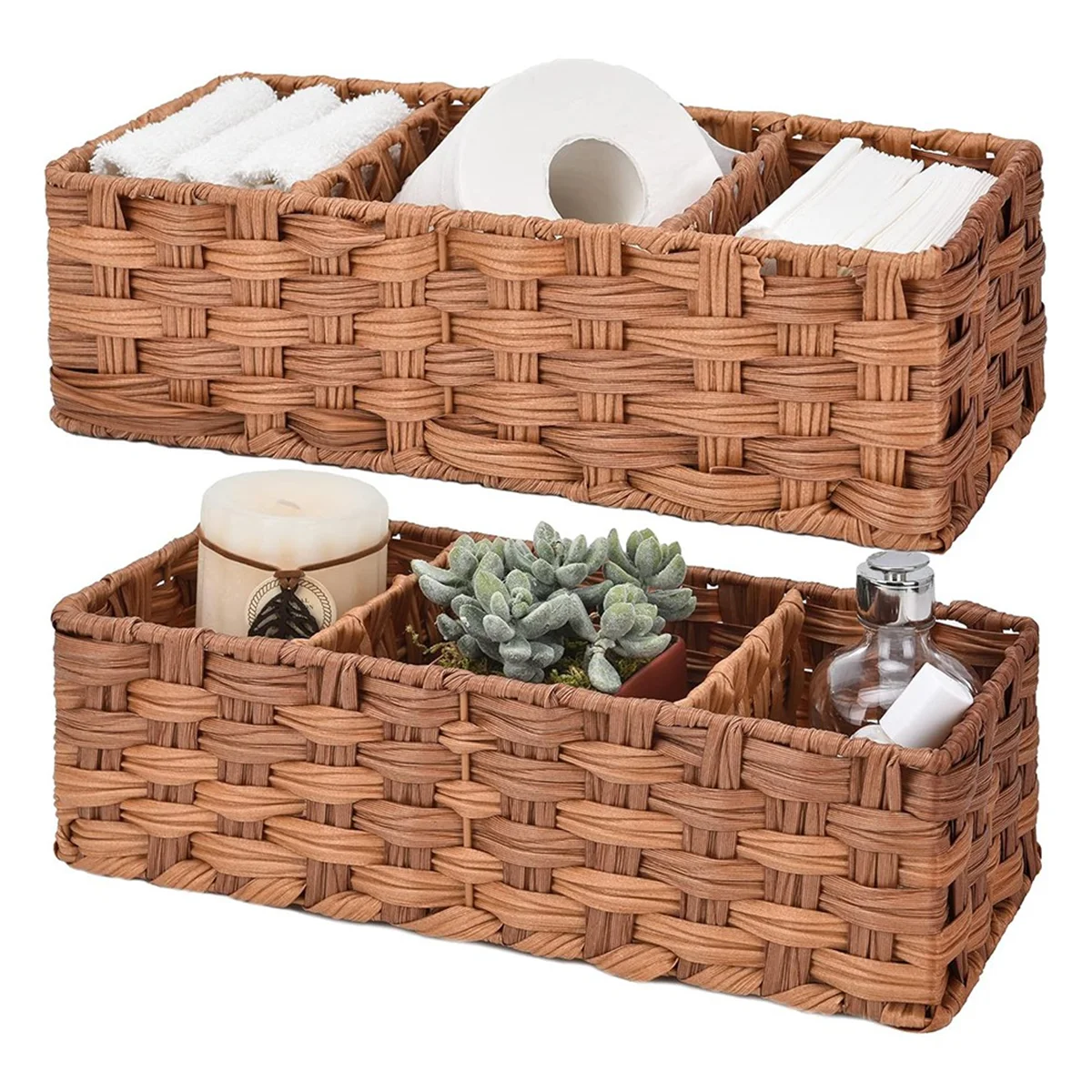

A25F-Bathroom Toilet Organizer,Back of Toilet Storage Basket,Waterproof Storage Baskets for Toilet Tank 3 Section 2Pack Brown