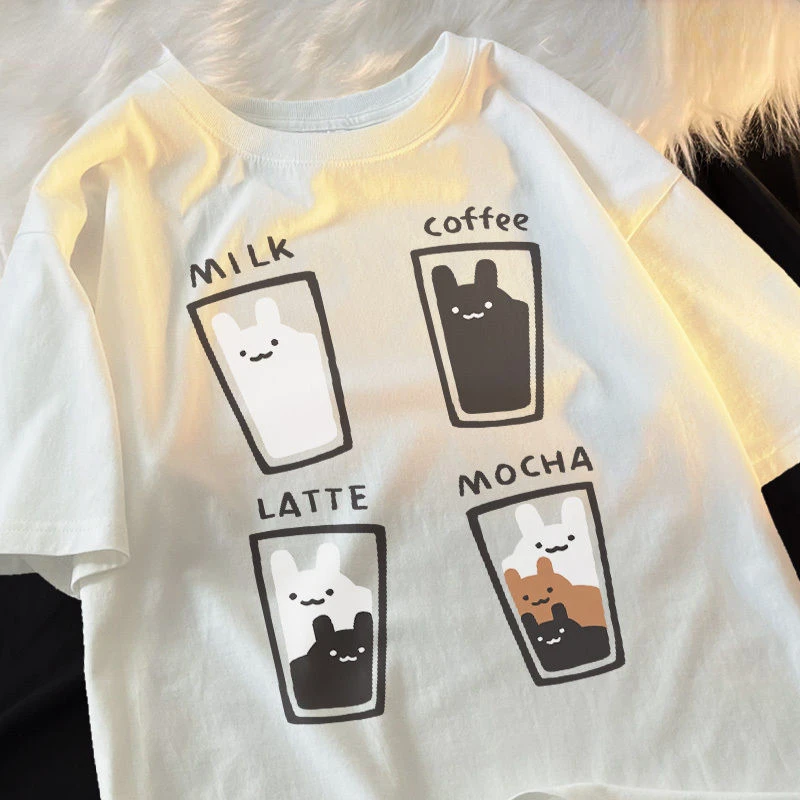 

Cartoon Rabbit Coffee Summer Pure Cotton Shoulder Drop Short Sleeve T-shirt Men and Women Japanese Instagram Trendy Top clothes