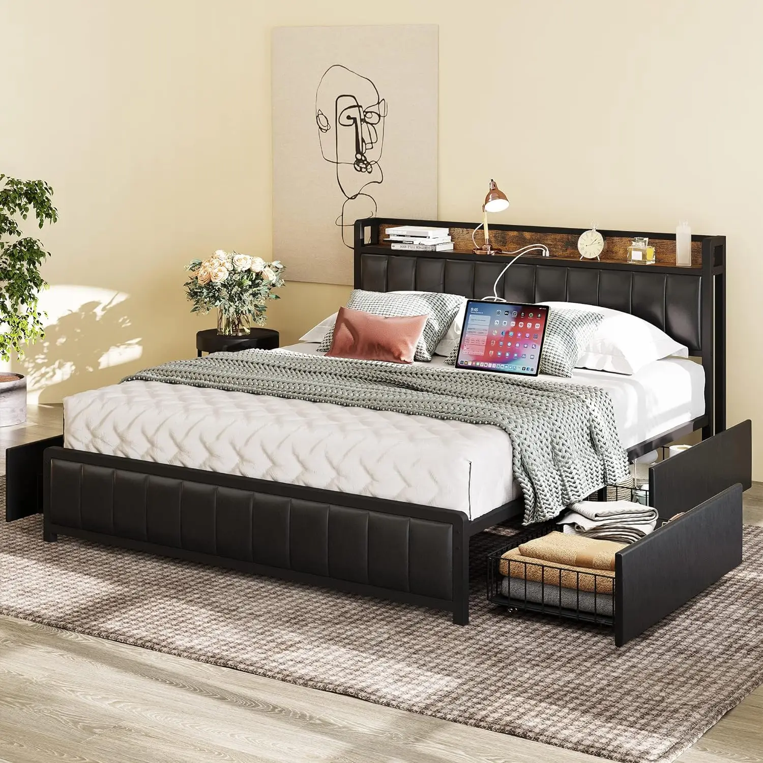 Queen Bedframe Met Opbergladen Hoofdeinde En Voetenbord, Gestoffeerd Plateaubed Met Usb-Poorten En Stopcontacten