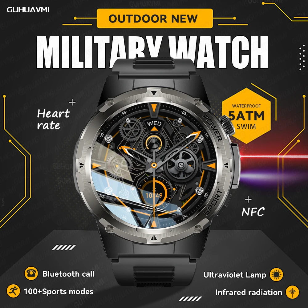 

2026New Smart NFC Military Watch 5ATM Swim 365nm UV+ infrared Fitness tracker 500mAh Battery Bluetooth Call Heart SmartWatch Men