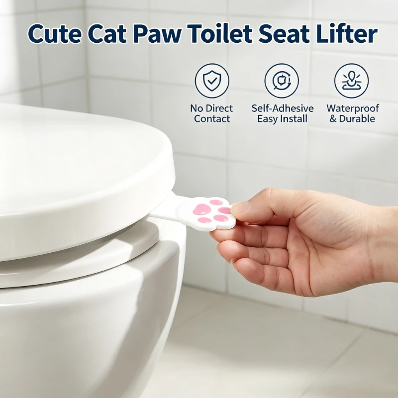 Cute Cartoon Cat Paw Toilet Seat Lifter Adhesive Toilet Cover Lifting Handle No‑Touch General Sanitary Bathroom Accessories