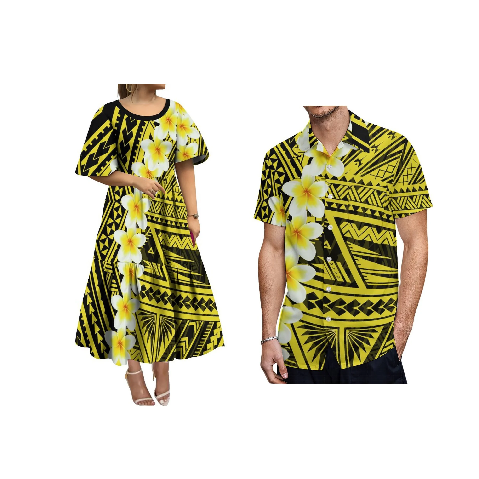 Plus Size Samoan Tribal Print Tiered Ruffle Hem Midi Dress Round Neck Flare Sleeve Maroon White Casual Island Dress Customizable