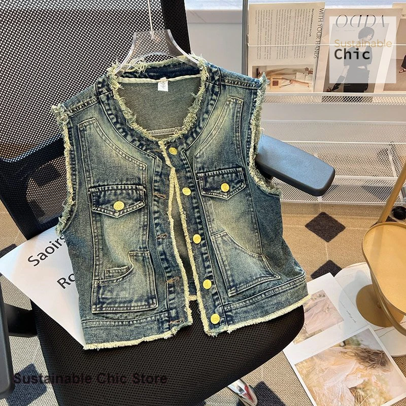 

French retro solid color short burr denim vest women's spring and autumn fashion pocket loose sleeveless hot girl wind tank top