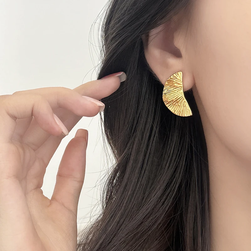 

Real 925 Sterling Silver 18K Gold Folded Semicircular Stud Earrings for Women Vintage Fine Jewelry Geometric Accessories