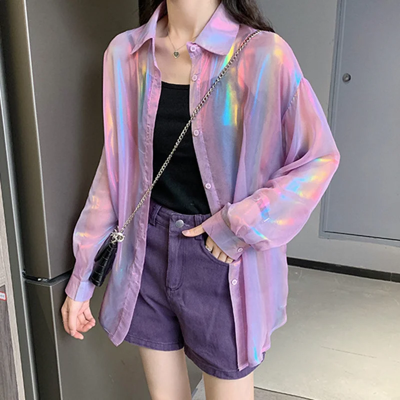 

Rainbow Women Blouses Tops Long Sleeve Casual Turn-down Collar Cardigan Female Summer Trendy Sunscreen Girls Streetwear