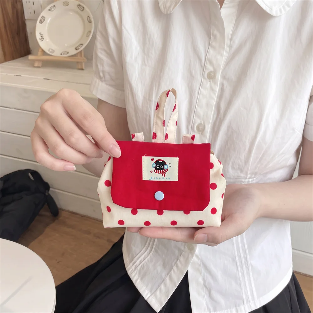 Kawaii Polka Dot Small Cosmetic Bag, Cute Cartoon Label Mini Handbag, Portable Snap Button Storage Pouch, Travel Makeup Organize