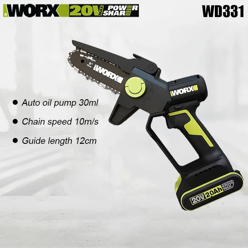 Worx WD331 Wireless Chain Saw Rechargeable Brushless 5 Inch 5650rpm 10m/s Auto Oil Pump for Wood Cut Universal 20v Green Battery