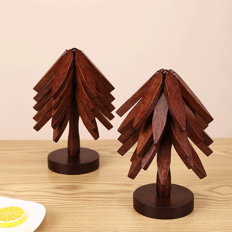 Wooden Trivetfor Hot Dishes Folding Tree Shape Black Walnut Table Mat Holders Heat Insulated Pad Set Coasters Anti Scald Heat