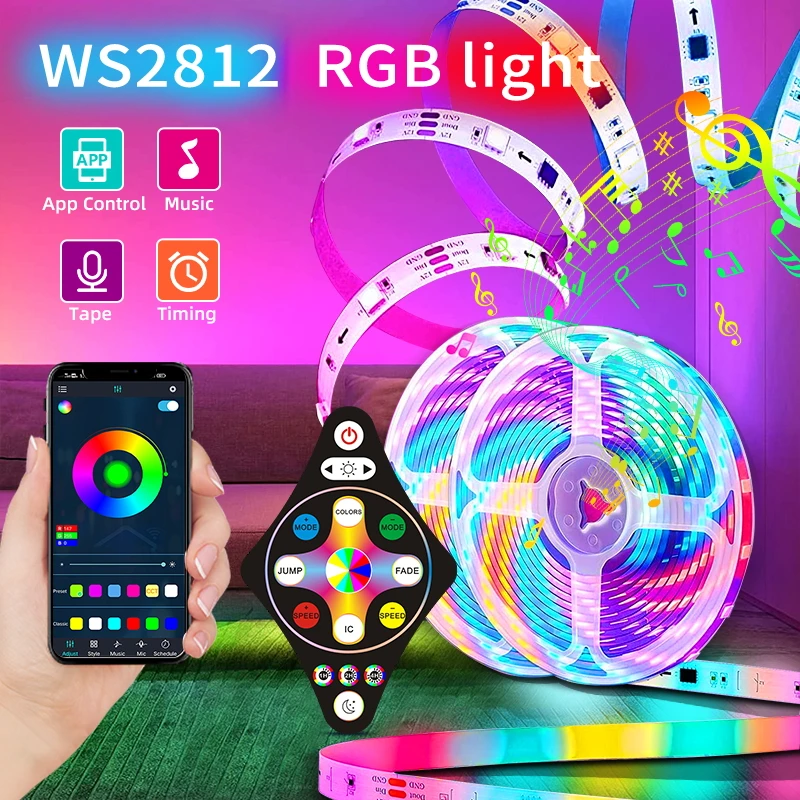 WS2812 lampu setrip Led Bluetooth RGB, pita fleksibel Diode pita led dekorasi ruangan lampu belakang TV Strip Led RGBW 1m-30m 5050 RGB