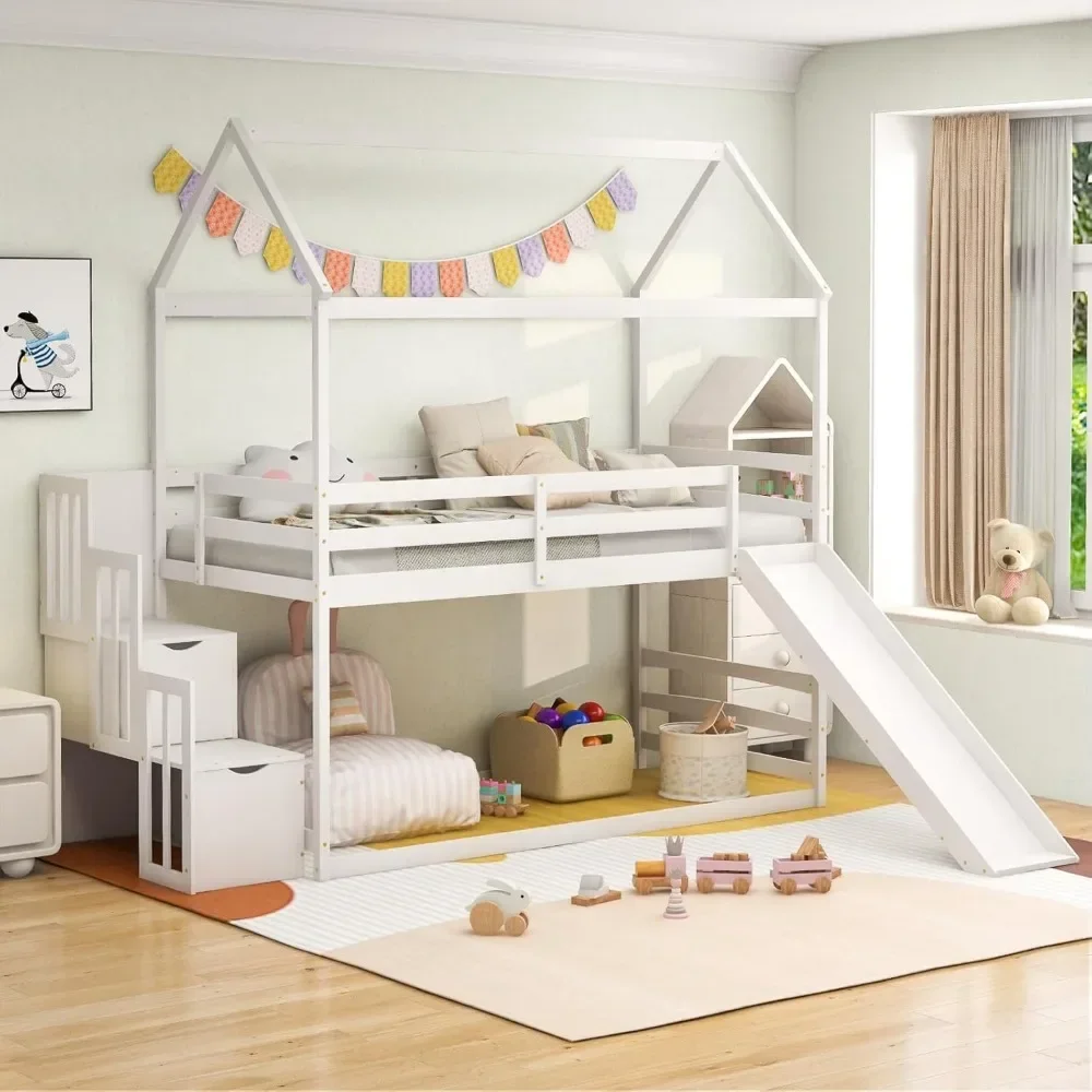 House Bunk Bed Over Twin with Slide and Storage Stairs Solid Wood Low Loft Bed Frame with Roof Guardrail,House Bunk Beds for Kid