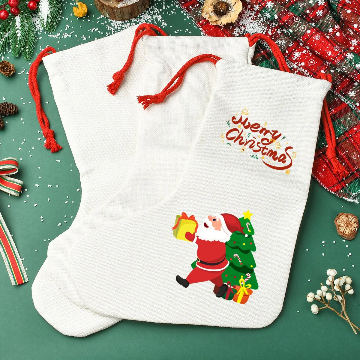 

3 pcs Linen Heat Transfer Christmas Stocking Pendant Decorations, for Christmas Party Decor