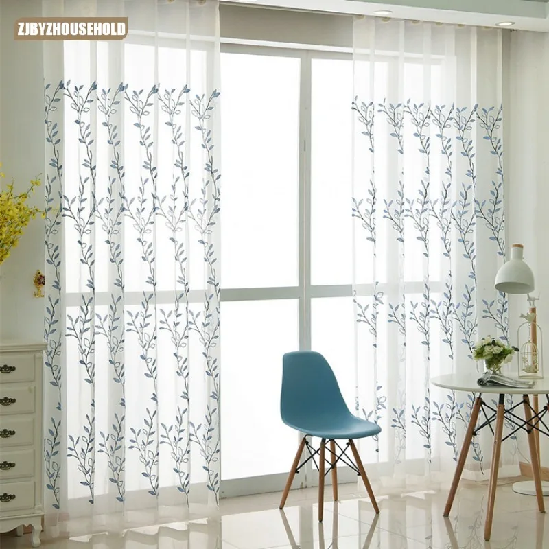 

Custom American Country Solid Colour Thickened Curtains for Living Dining Room Bedroom Window Blue Embroidery Gauze Curtains