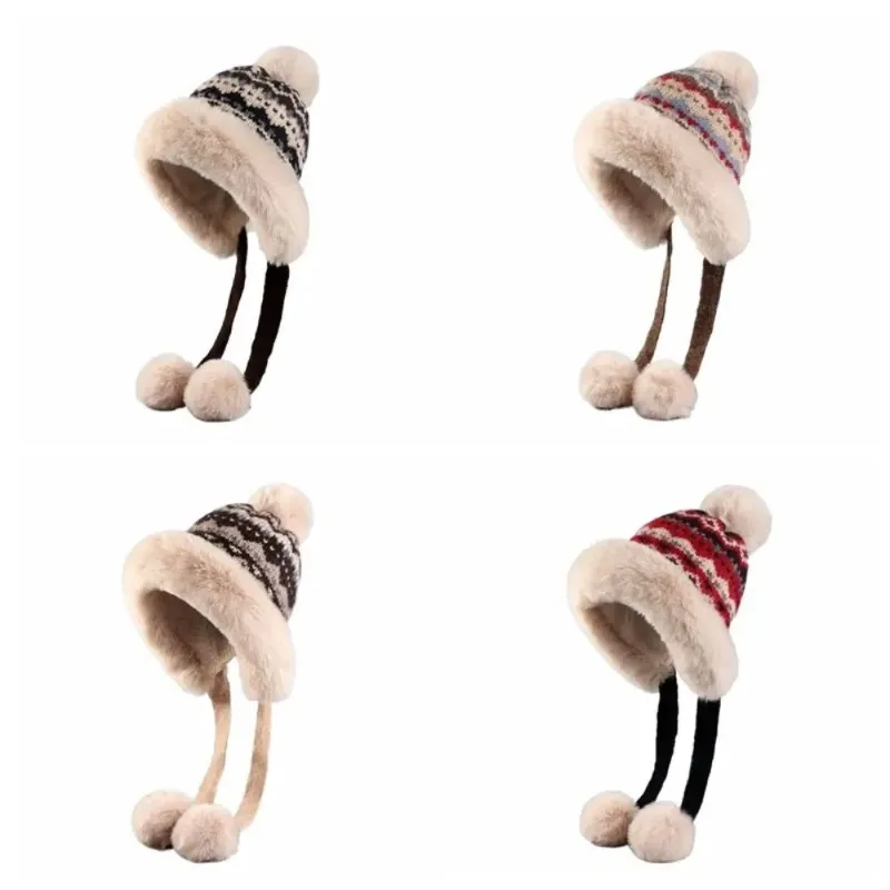 Gorro de felpa de punto grueso a la moda, gorro con protección para los oídos y bola cálida, jersey de estilo étnico a prueba de viento, gorro para niñas