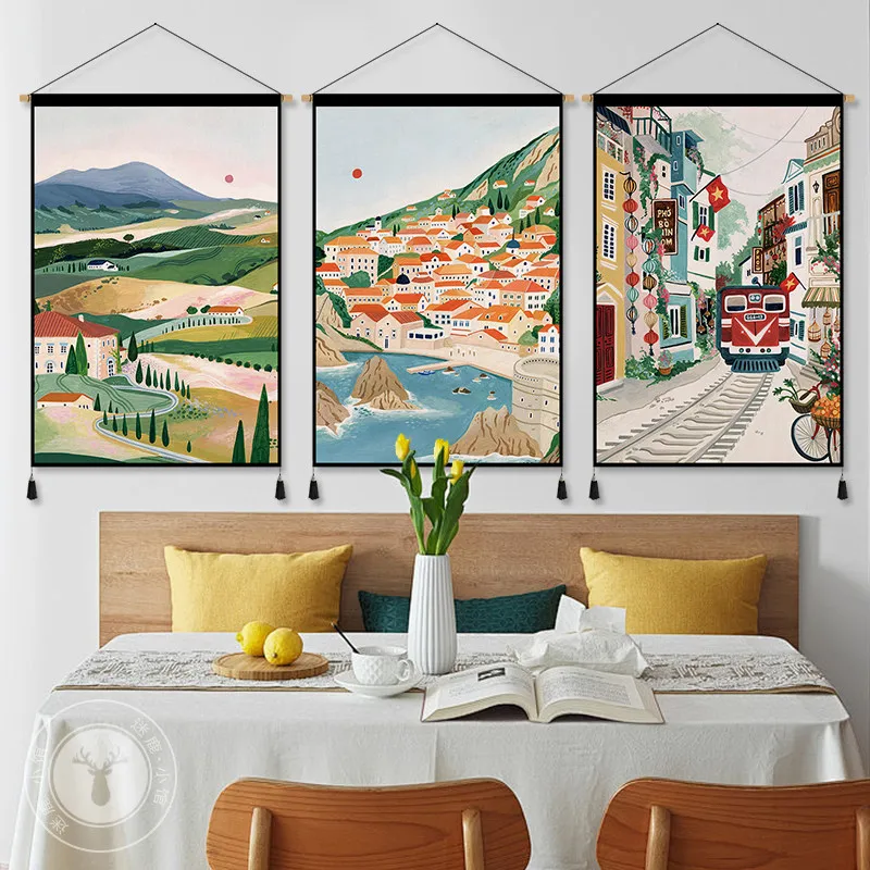 World Travel Tapestry Wall Hanging - Hand Drawn Mediterranean Landscape, Aesthetic Room Decor for Living Room and Dining Room