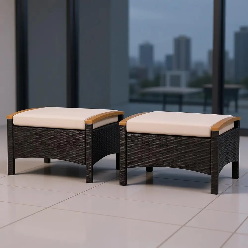 

Комплект из 2-х уличных плетеных пуфов с подушками, ручками из акации, многофункциональный, для патио, зоны у бассейна, заднего двора (коричневый)