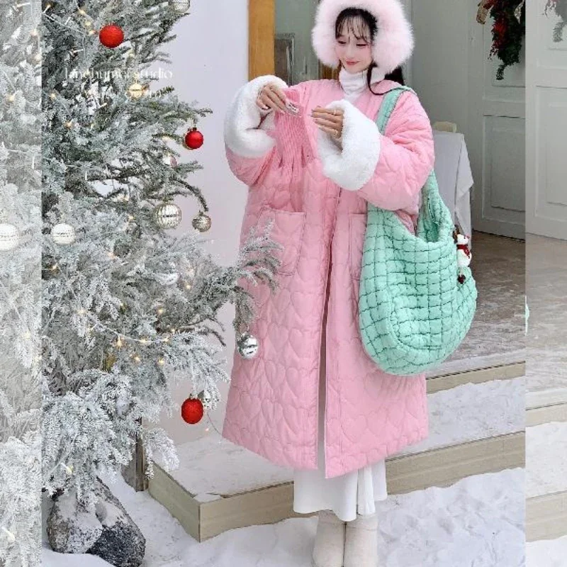 Korean Fashion Pink Long Cotton Jacket Women Winter New Super Loose Casual Sweet Love Heart Quilted Outerwear Large Pockets Coat