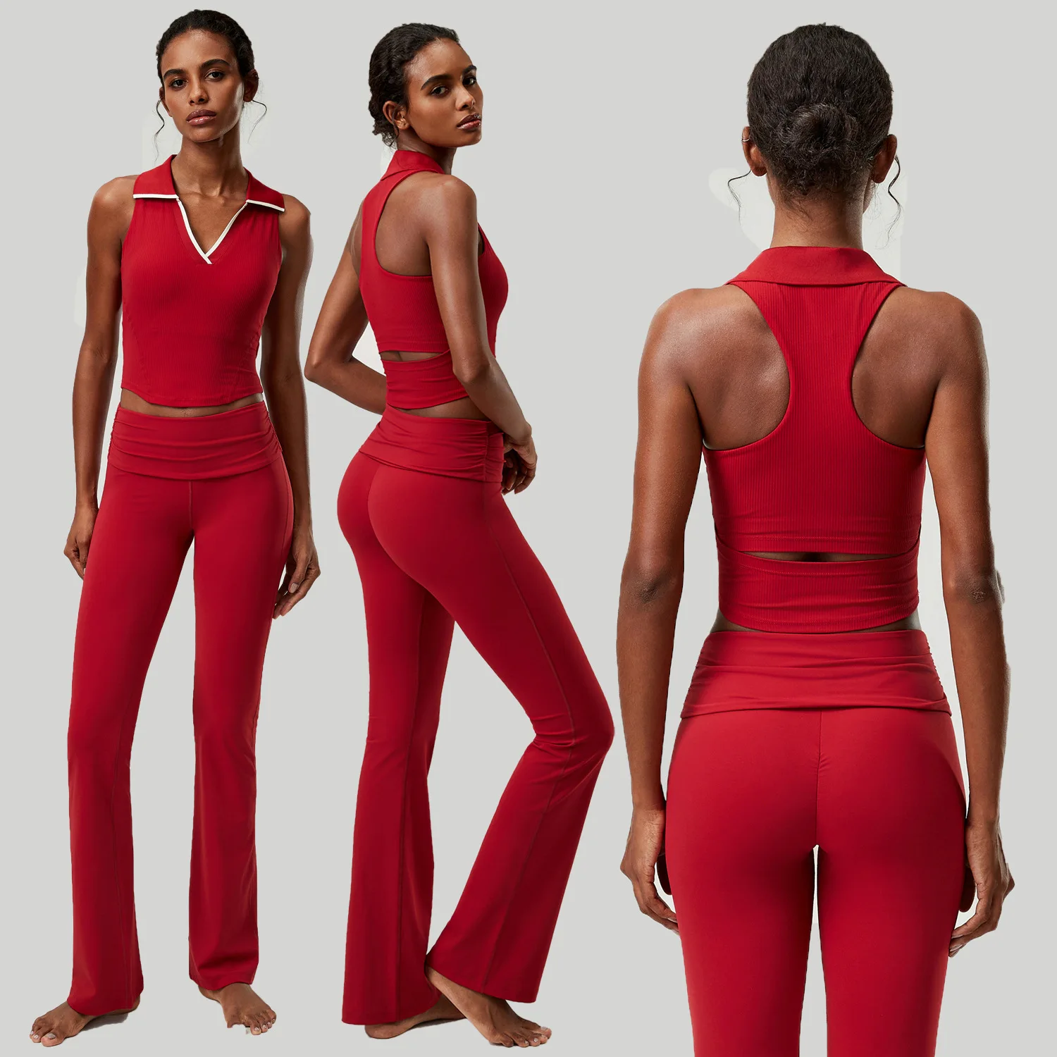 Women 2 Piece Yoga Set Ribbed Polo Neck Tank Top Built-in Bra Fold Waist Flared Leggings Badminton Tennis Pilates Workout Outfit