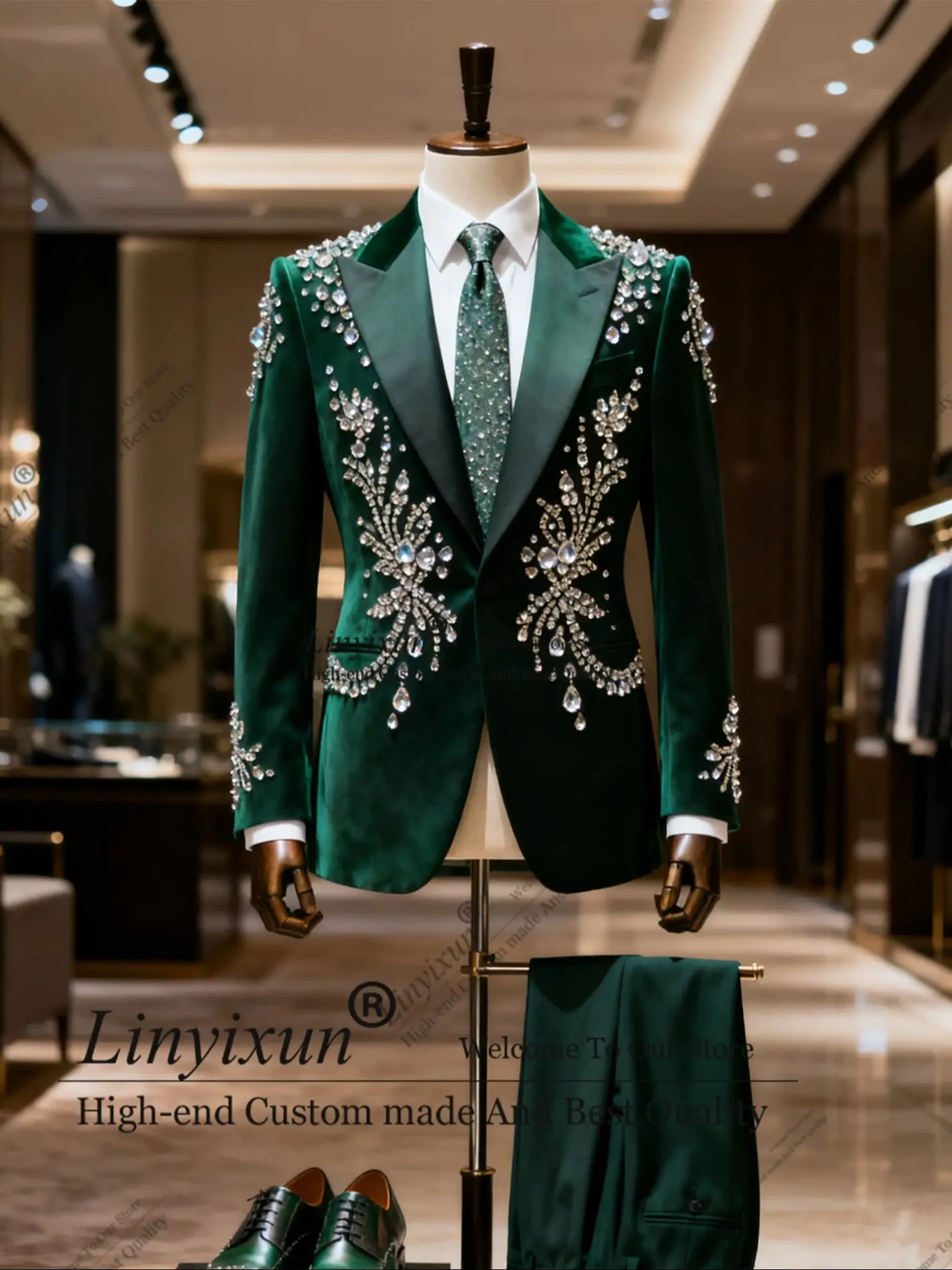 Handsome Diamond Beaded Tuxedos Men Suits 2 Pieces Sets Groom Male Party Prom Blazer Glitter Crystal Customized Costume Homme