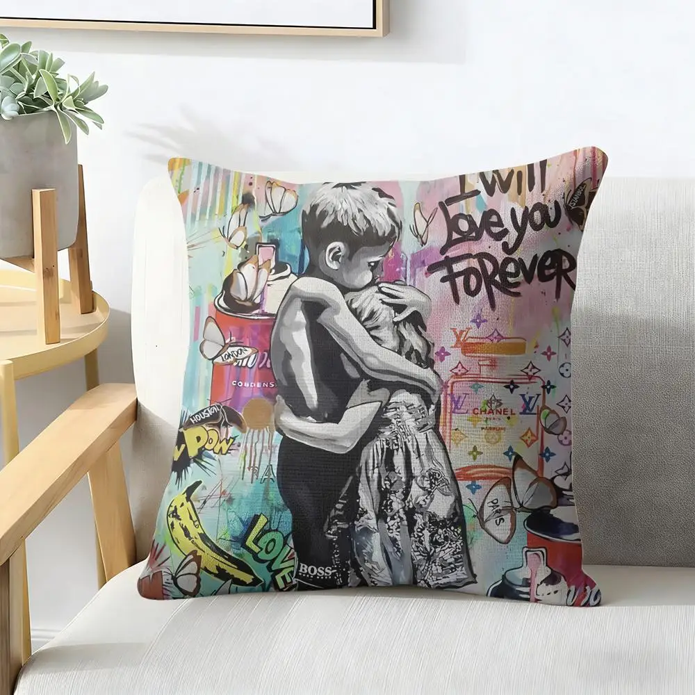 B-Banksy Graffiti Mr B-Brainwash Cushion Cover Natural Linen Organic Fabric Double-Sided Printing Breathable For Decor