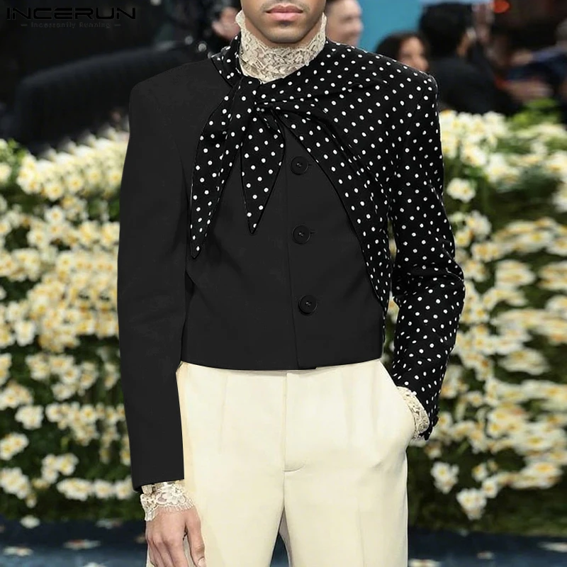 INCERUN Men Blazer Polka Dot Print Patchwork Long Sleeve Button Casual Suit Men Streetwear 2025 Fashion Male Thin Crop Coats