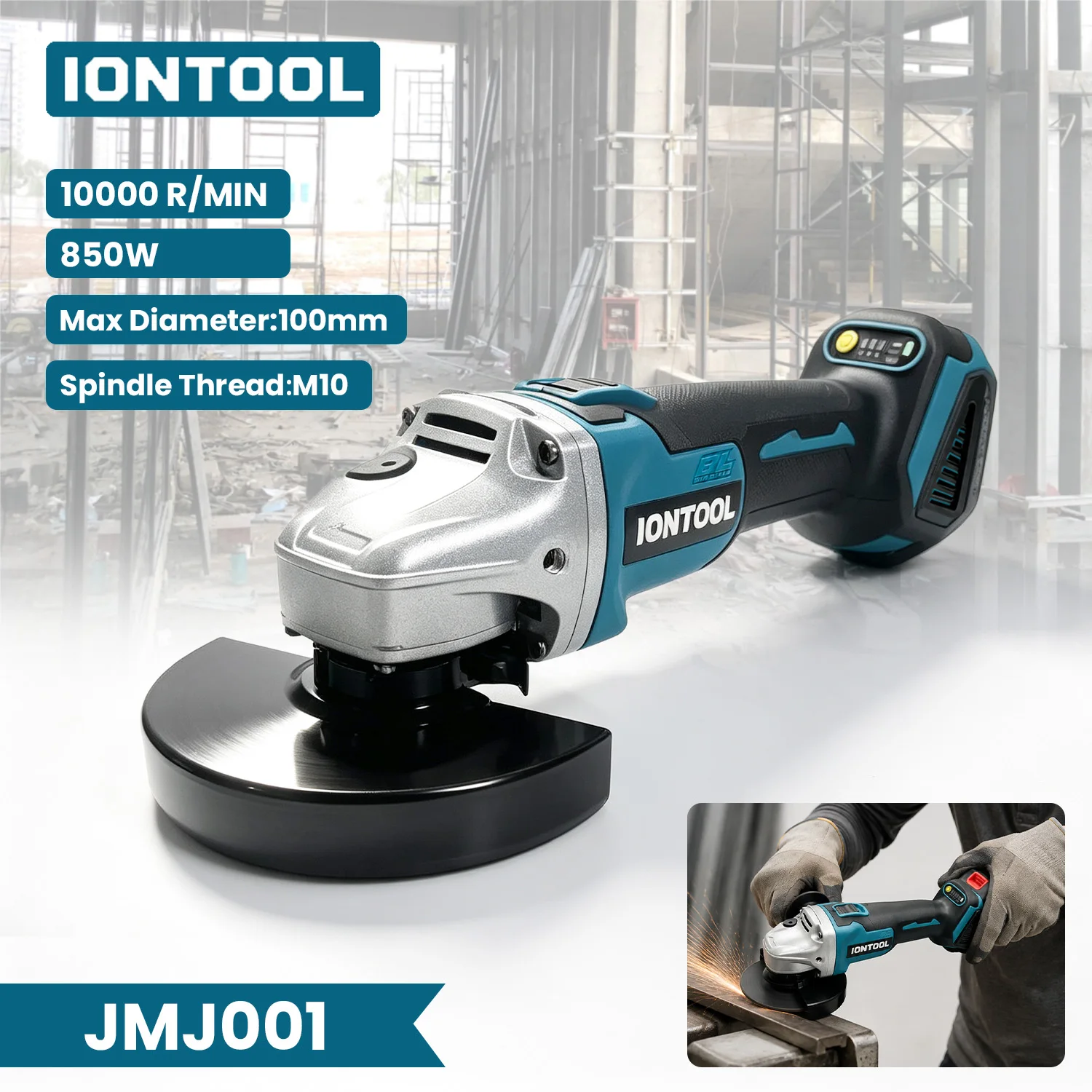 IONTOOL Cordless Angle Grinder 100mm Polishing Cutting Machine M10 Brushless Angle Grinder Household Power Tools Fit for Makita