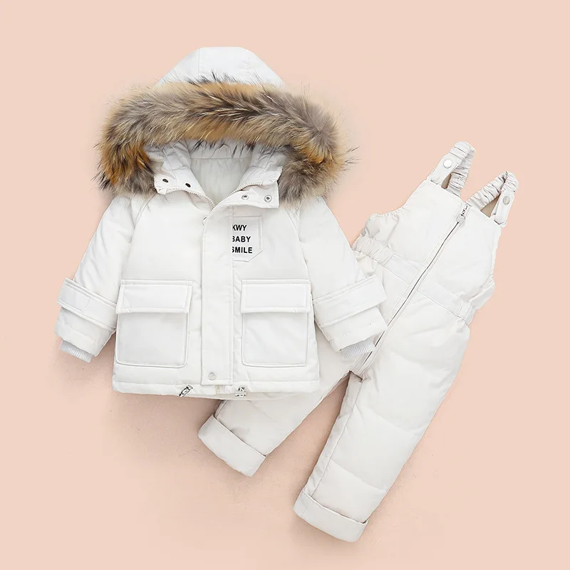 

Children's Down Jacket Suit New Winter Baby Boys Suspender Trousers Male Child Toddler Girl Raccoon Hair Ski Suit 80-100