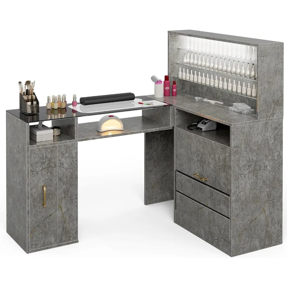 

Manicure Table with LED Light, L-Shaped Glass Top Nail Tech Table w/2 Storage Shelves, Upwards Cabinet Door,
