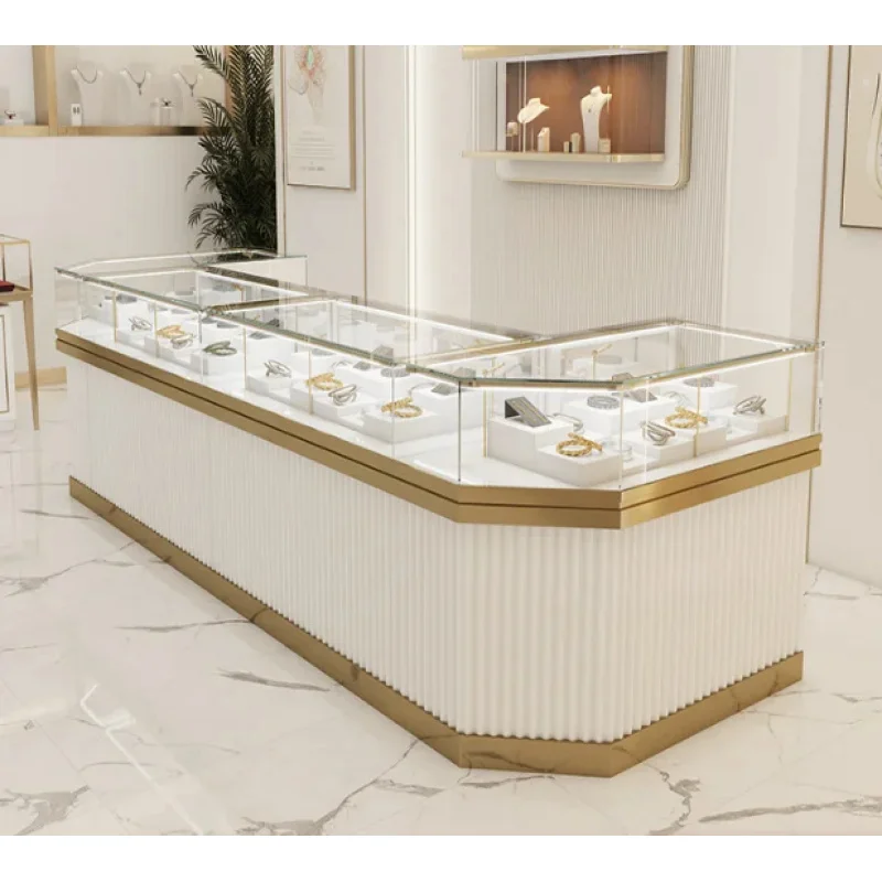 custom.Modern Stainless Steel and Glass Jewelry Display showcase Cabinet Factory Gold Jewellery Shop Counter Design Shopping
