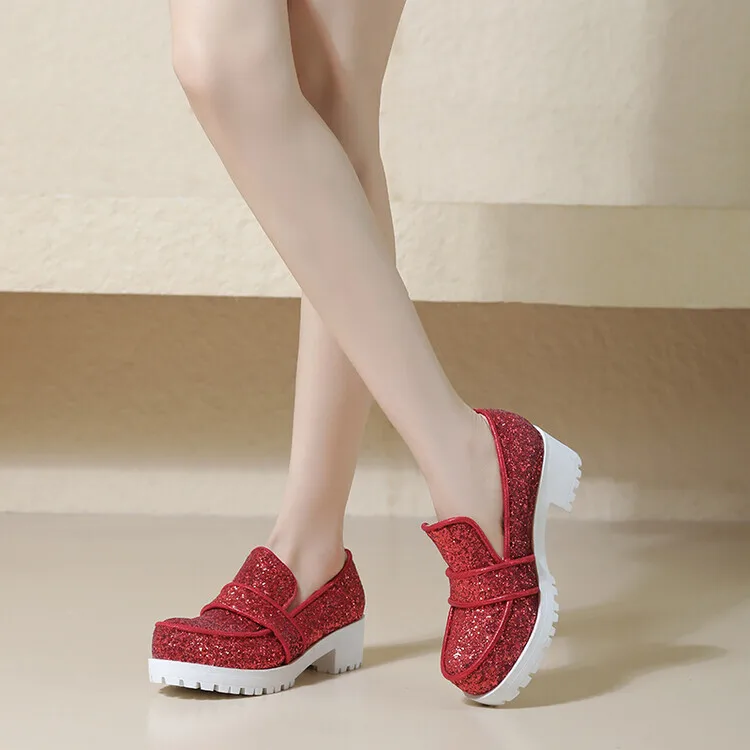 

Chunky Heels Women Loafers Shoes Fashion Sequins Slip On Shoes