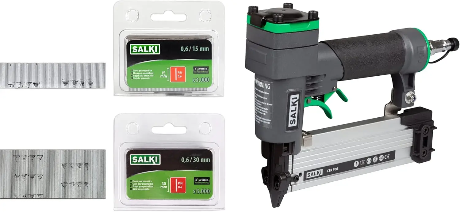 حزمة SALKI Clavadora CSK P06 + نفطة SALKI Pin 0,6 15mm y 30mm B Pistola de Clavos Neumatici Grapadora para trabajo d