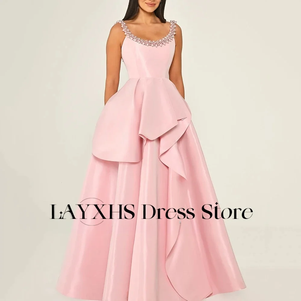 LAYXHS Novel Pink Spaghetti-Straps Evening Dresses Beaded A-Line Ruffle Backless Prom Dresses Customized فساتين سهرات