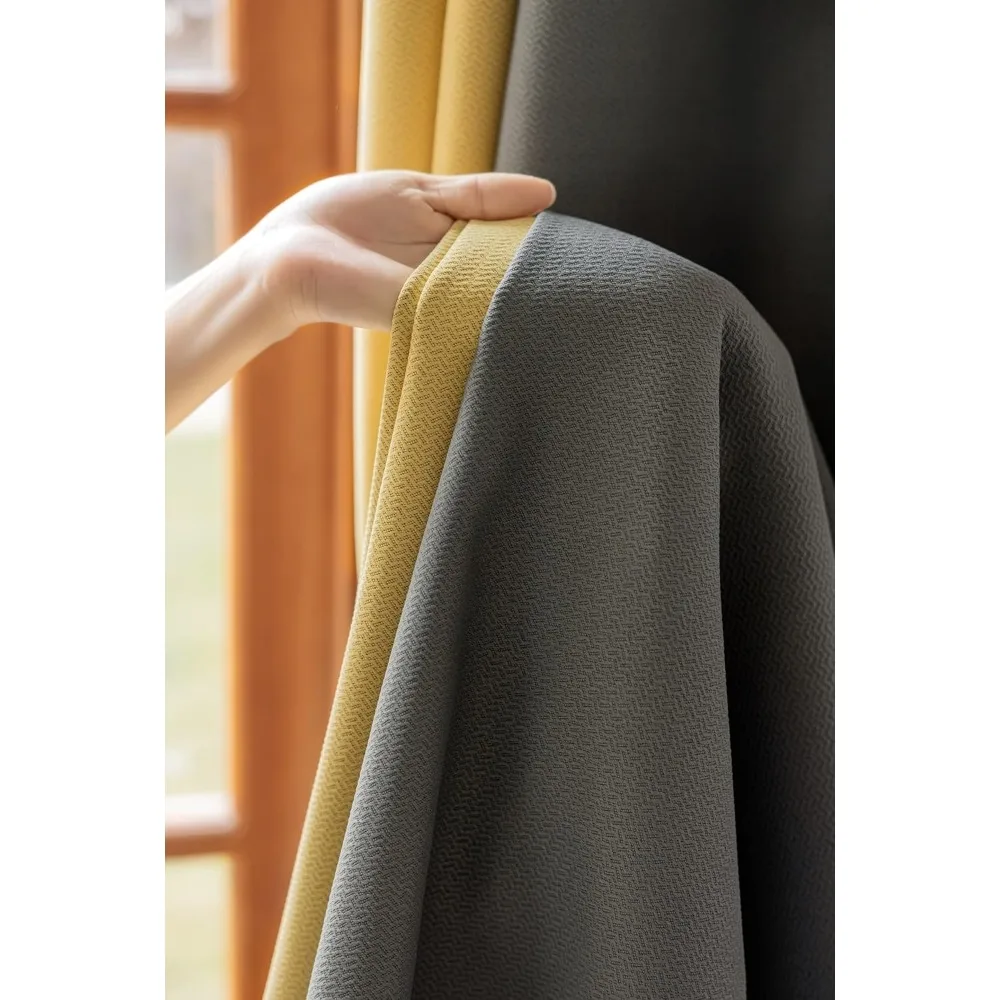 Tende patchwork jacquard giallo grigio scuro in misto cotone poliestere, 54x84 pollici, con occhielli per oscuranti del soggiorno