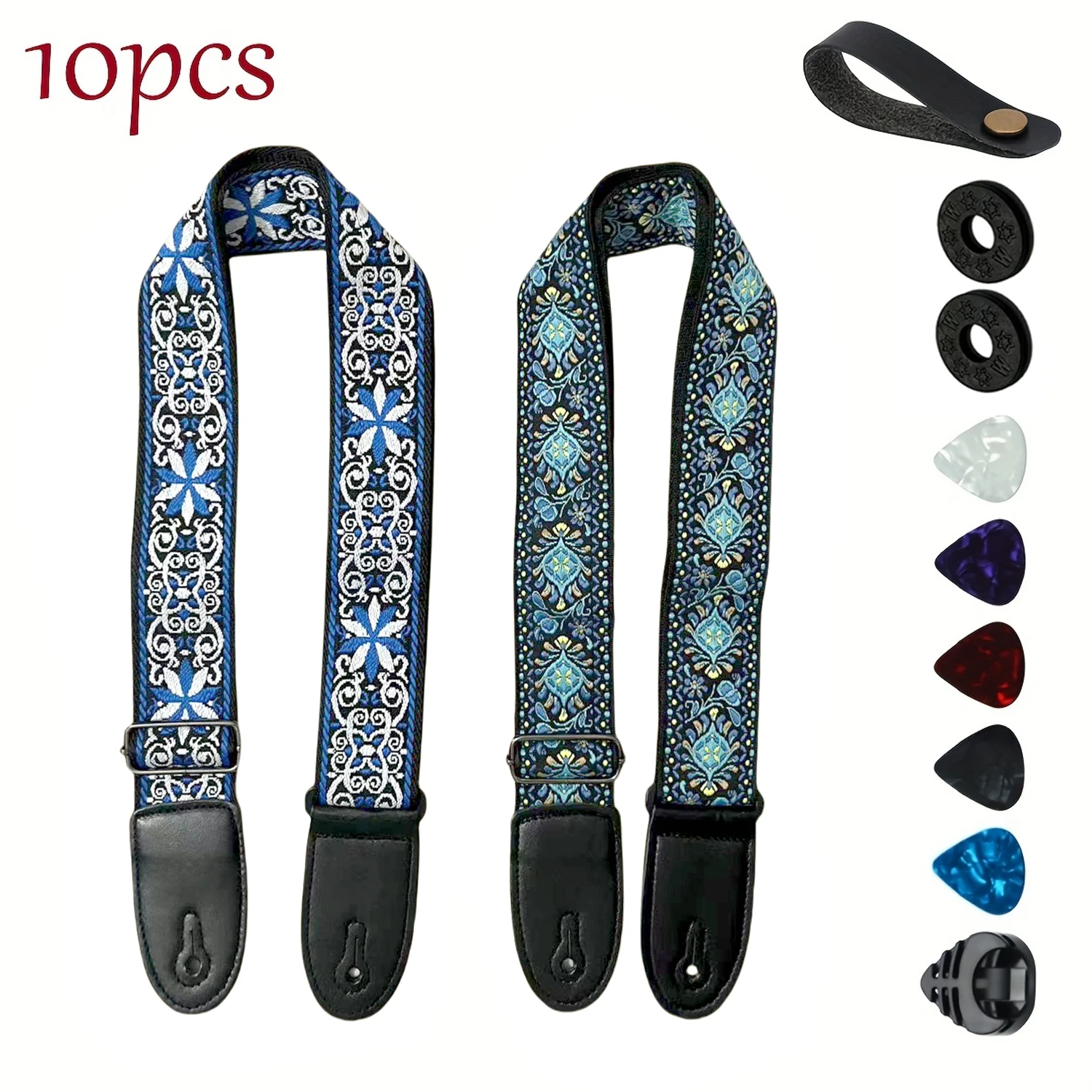 10Pcs Guitar Strap, Electric Guitars and Bass, Jacquard Weave Embroidered Adjustable Strap Includes 5 Picks and Pick Pocket