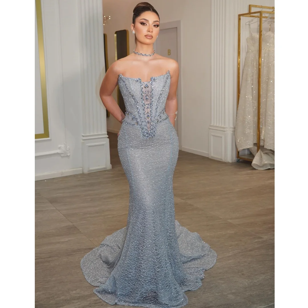 فساتين سهرة حورية البحر فضية بدون حمالات فستان حفلة موسيقية كريستالي فاخر لحفلات الزفاف فساتين رسمية مخصصة