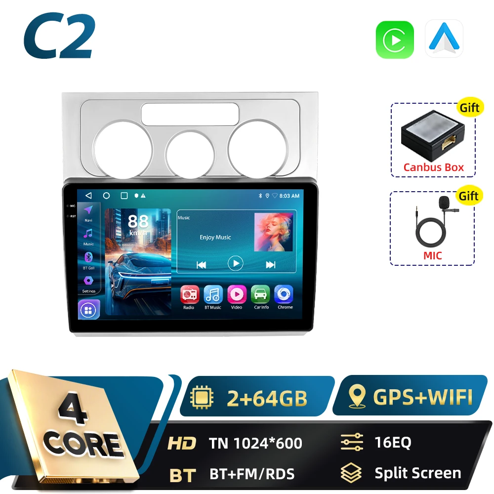 Podofo 8+128G 2din Android autoradio voor Volkswagen Touran 2006-2008 met Carplay, FM, GPS navigatie, DSP, Android Auto, RDS en BT