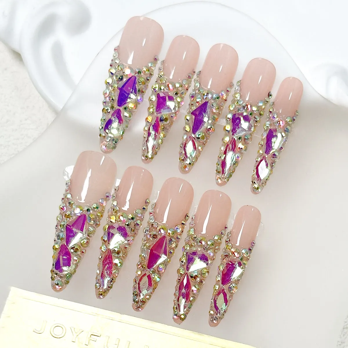 10pcs Handmade Press on Nails Extra Long Teardrop-shaped Fake Nails，Y2K Nails，French AB Rhinestone Fake Nails，Simple Design
