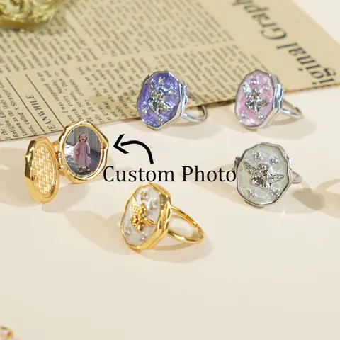 Acheerup Personalized Photo Locket Open Rings for Women Men Custom Picture Cooper Metal Angel Ring Family Jewelry Christmas Gift