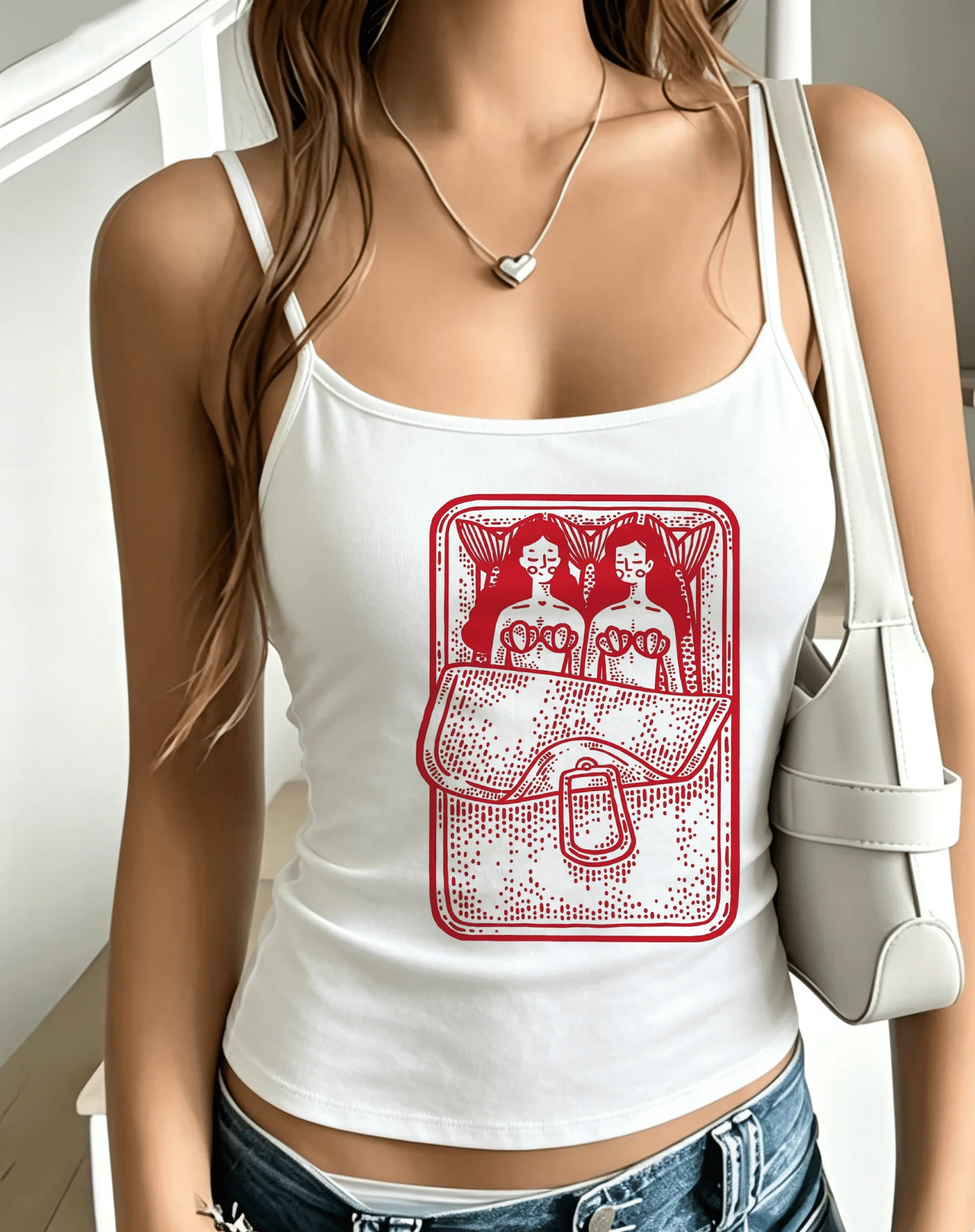 Vintage Red Line Twin Mermaid Rectangle Frame Graphic Women Spaghetti Strap Camisole Aesthetic Sleeveless Vacation Summer Top